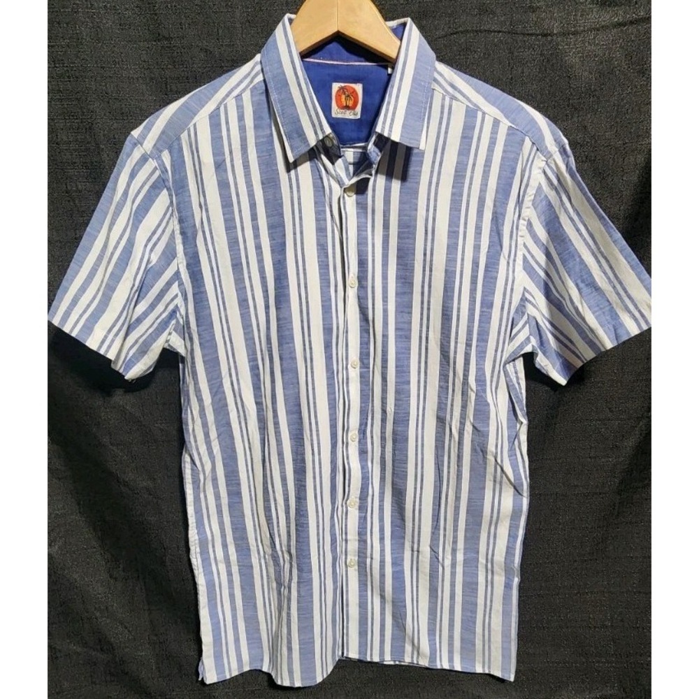 Scott Ellis Men's White Blue Stripe Button Down Shirt Sz M Golf Polo‎ 80s Surf